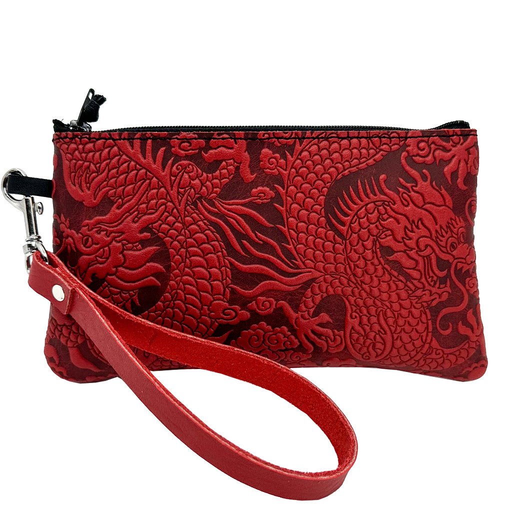 Oberon Design Leather Zip Wristlet Pouch, Wallet, Cloud Dragon, Red