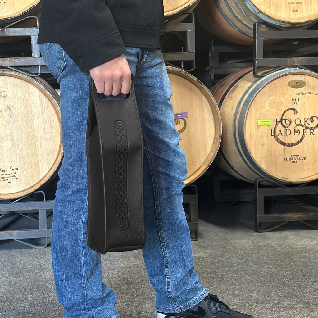 Oberon Design Wine Bottle Carrier Bag, Celtic Braid, Saddle