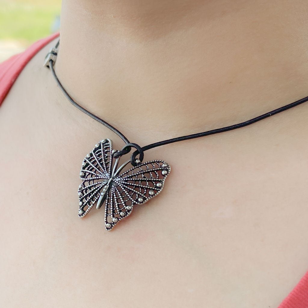 Oberon Design Hand-Cast Britannia Metal Necklace, Filigree Butterfly, Model