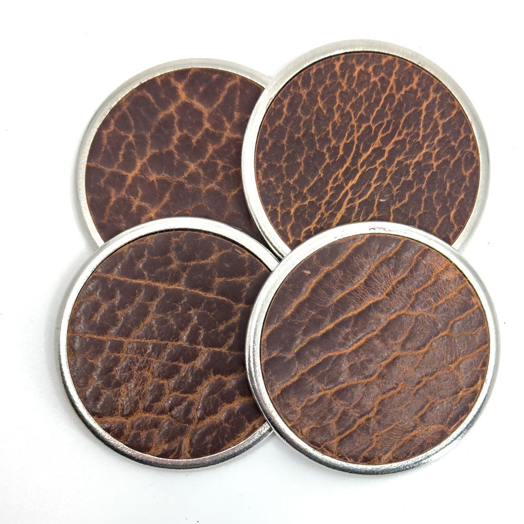 Premium Leather &amp; Metal Coasters, Bison, Handmade in the USA, Set of 4