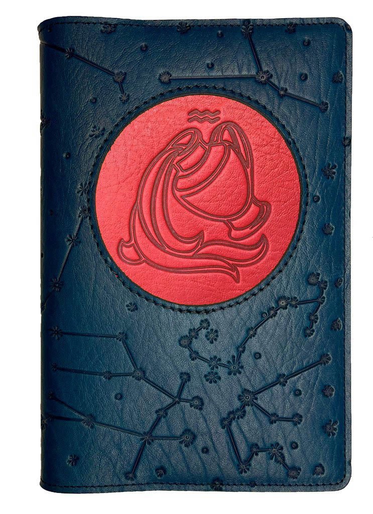 Refillable Leather Journal, Zodiac Icon, Aquarius, Red &amp; Navy, Constellations