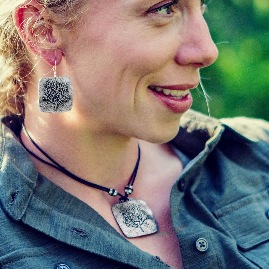 Oberon Design Rune Tree Hand-Cast Britannia Metal Necklace &amp; Earrings