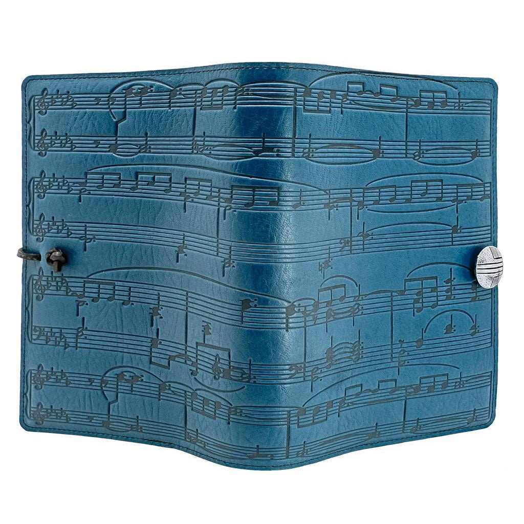 Oberon Design Large Refillable Leather Notebook Cover, Sheet Music, Blue, Open