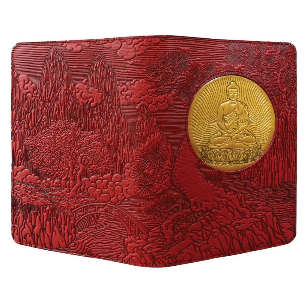 Oberon Design Refillable Leather Journal Cover, Icon, Bodhi Tree Buddha, Open