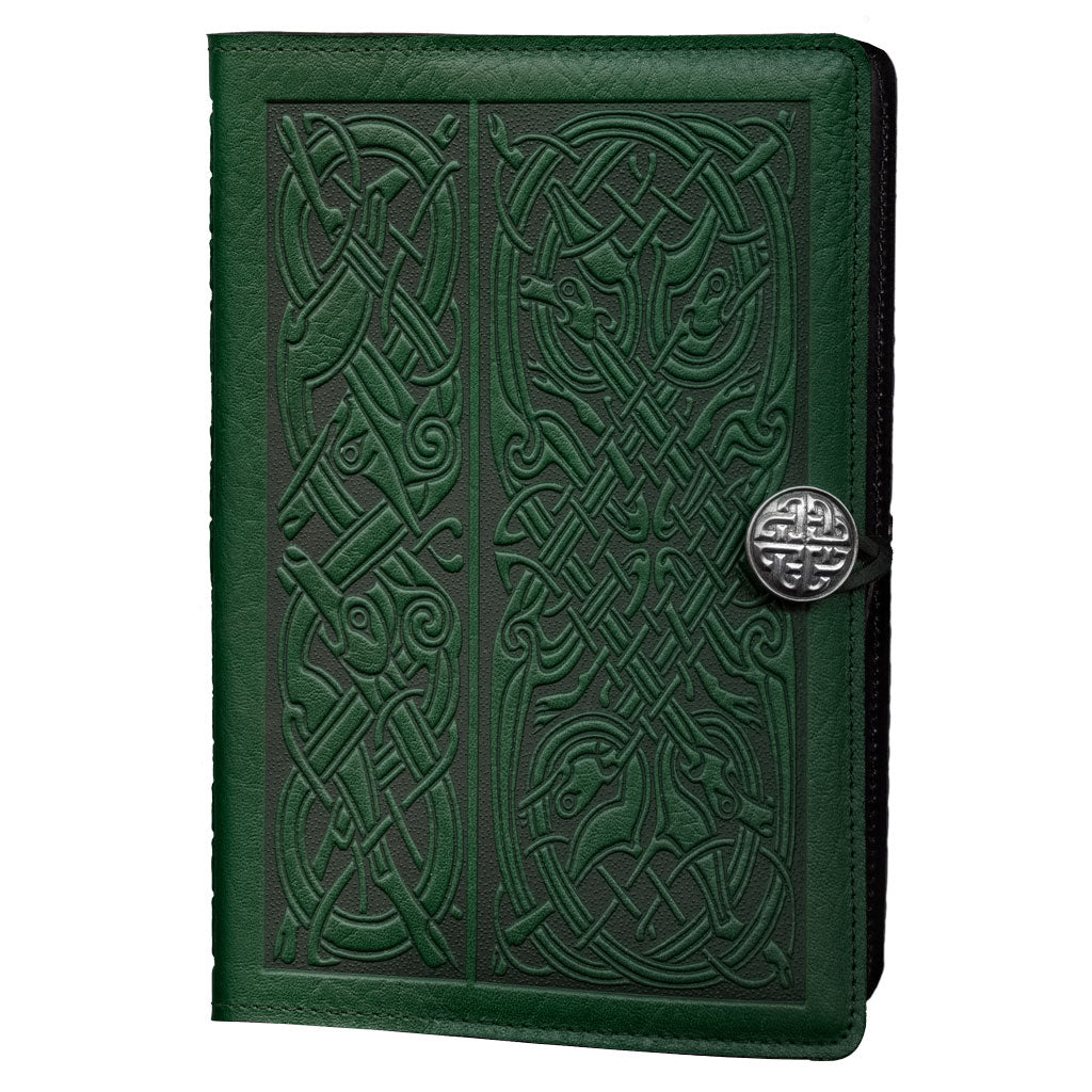 Oberon Design Leather Refillable Journal Cover, Celtic Hounds, Green
