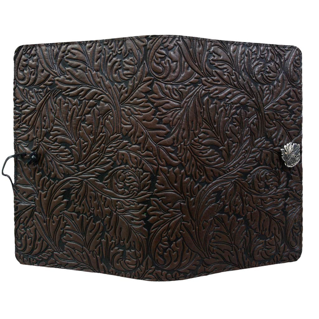 Oberon Design Leather Refillable Journal Cover, Acanthus Leaf, Chocolate - Open