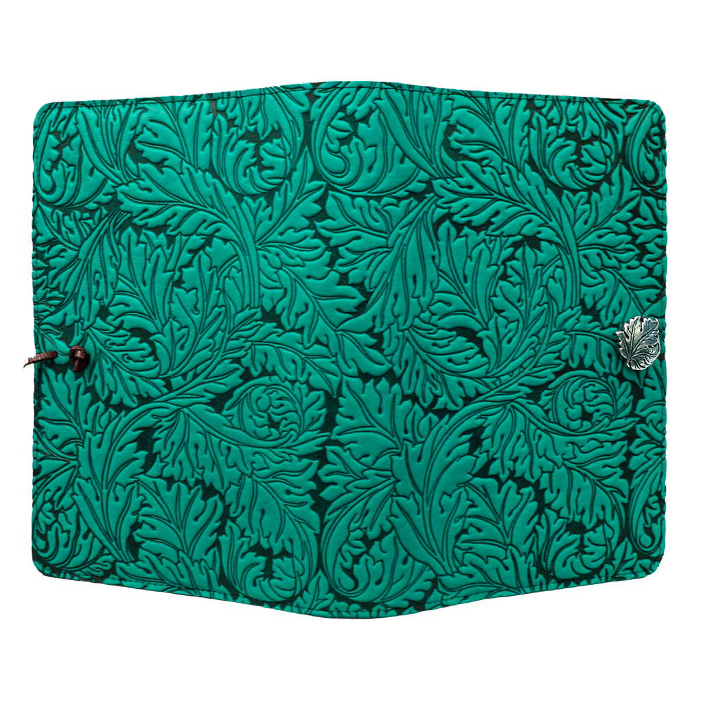 Oberon Design Leather Refillable Journal Cover, Acanthus Leaf, Teal - Open