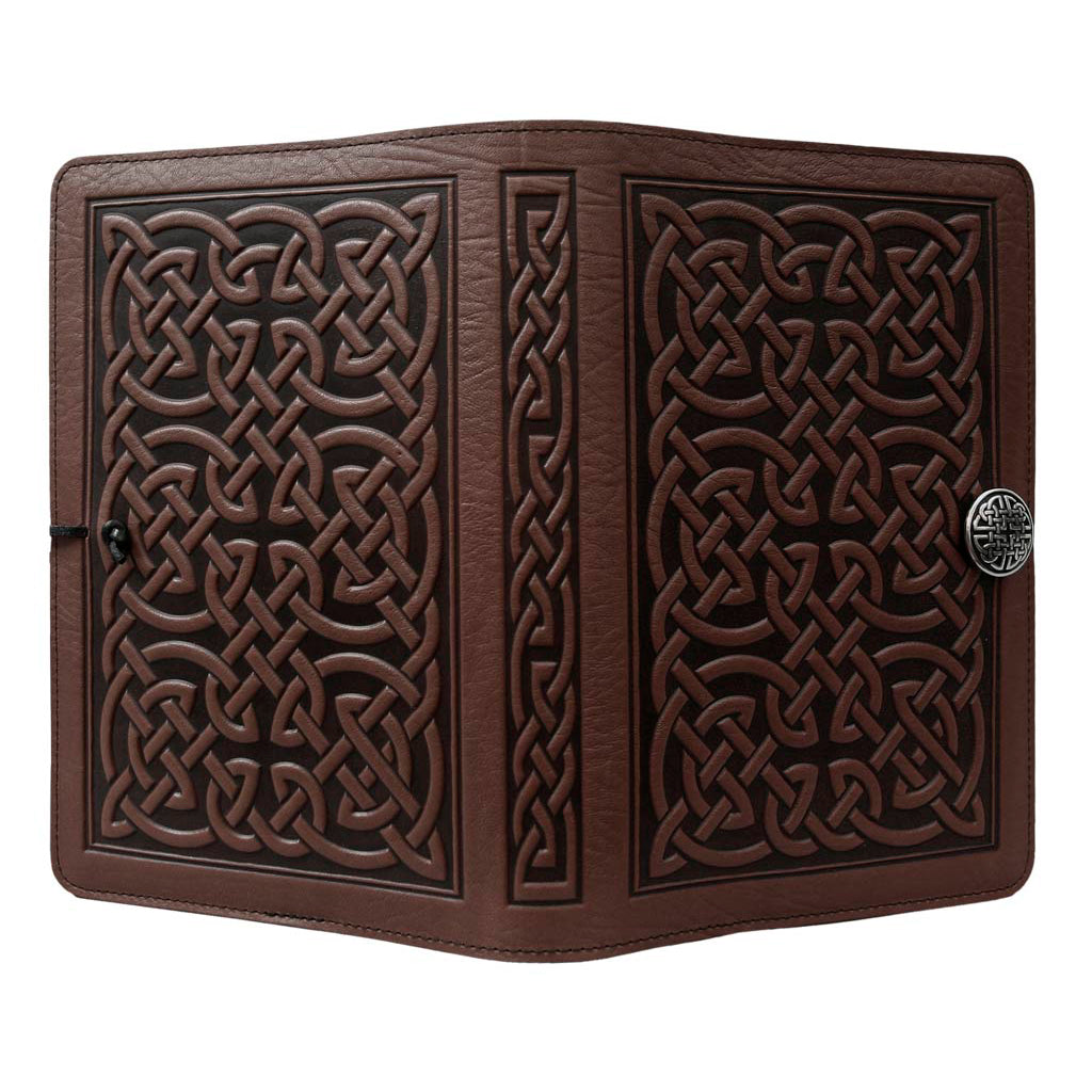 Oberon Design Leather Refillable Journal Cover, Bold Celtic, Chocolate - Open