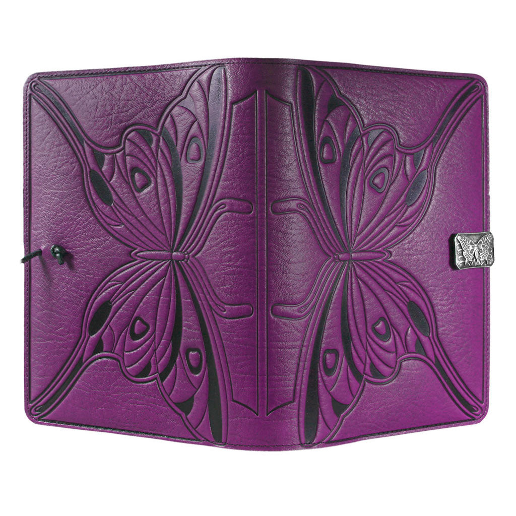 Oberon Design Leather Refillable Journal Cover, Butterfly, Orchid - Open