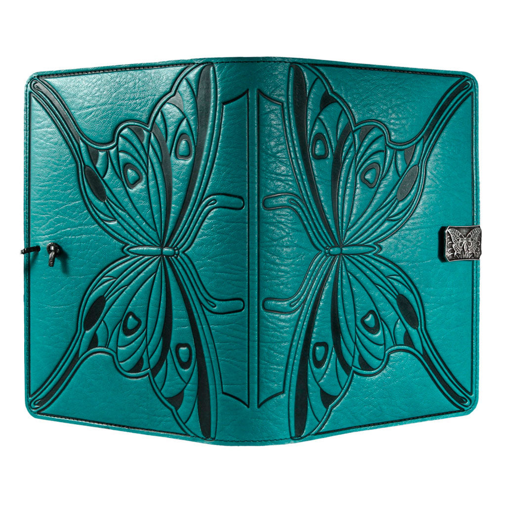 Oberon Design Leather Refillable Journal Cover, Butterfly, Teal - Open