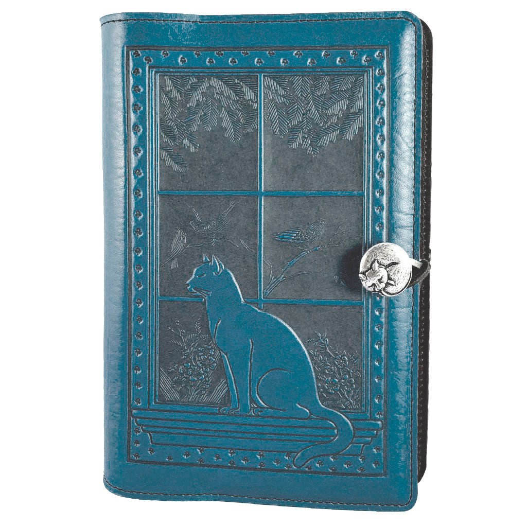 Oberon Design Leather Refillable Journal Cover, Cat in Window, Blue