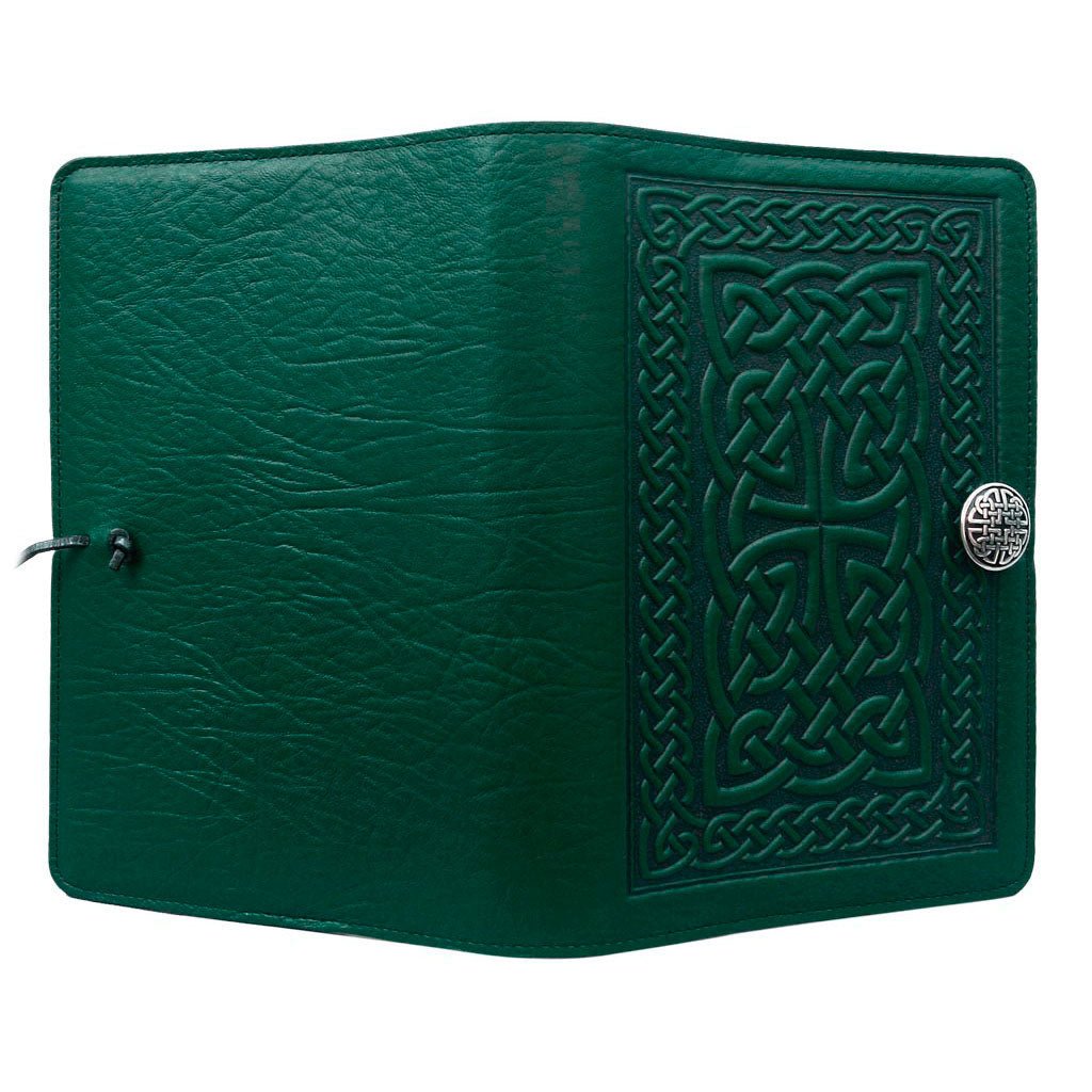 Oberon Design Leather Refillable Journal Cover, Celtic Braid , Green - Open
