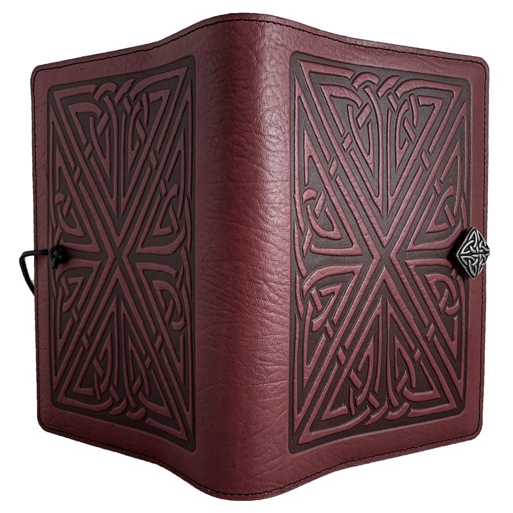 Oberon Design Leather Refillable Journal Cover, Celtic Weave, Wine - Open