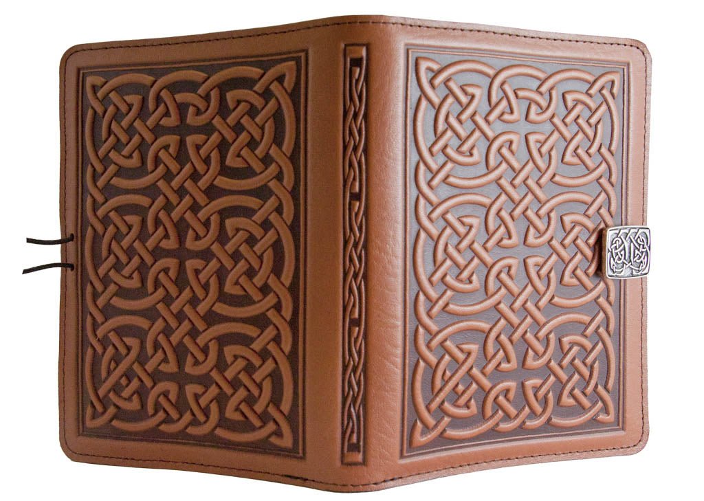 Genuine leather cover, case for Kindle e-Readers, Bold Celtic, Saddle - Open