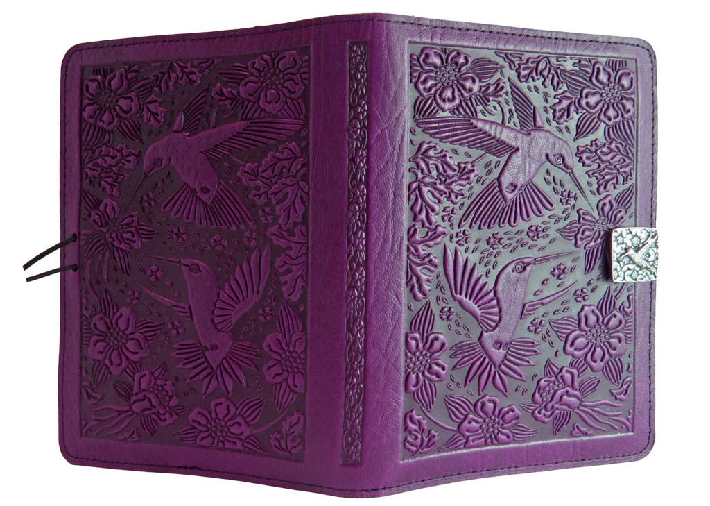 Genuine leather cover, case for Kindle e-Readers, Hummingbirds, Orchid - Open