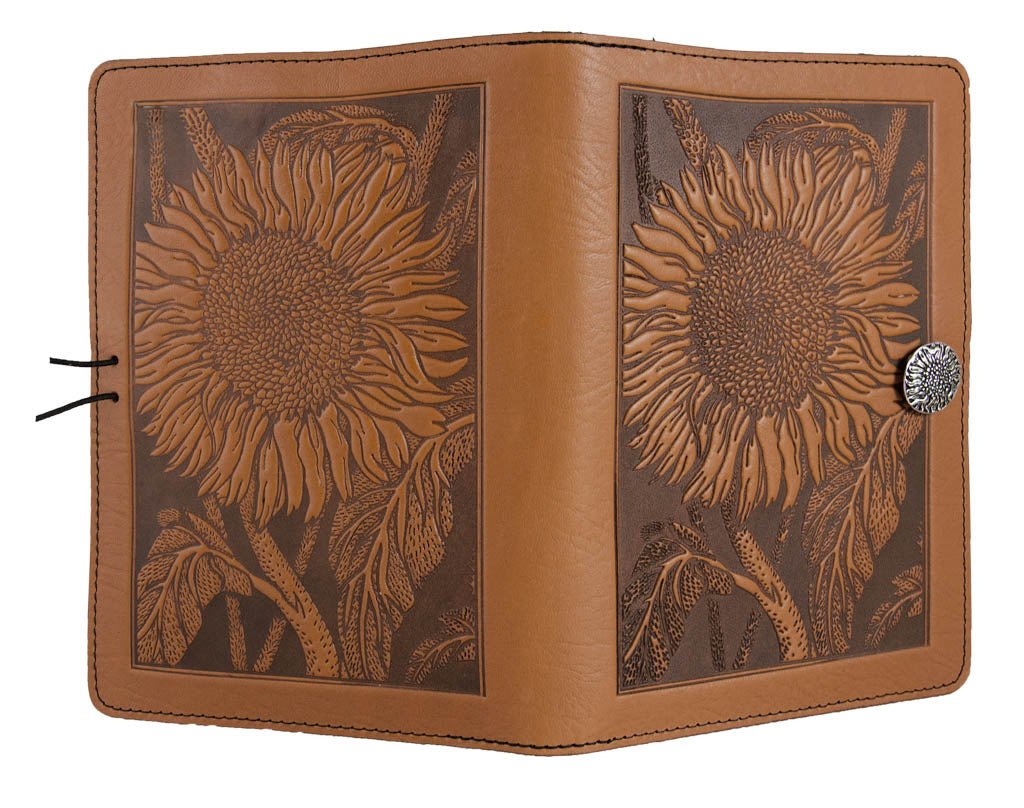 Genuine leather cover, case for Kindle e-Readers, Sunflower, Saddle - Open