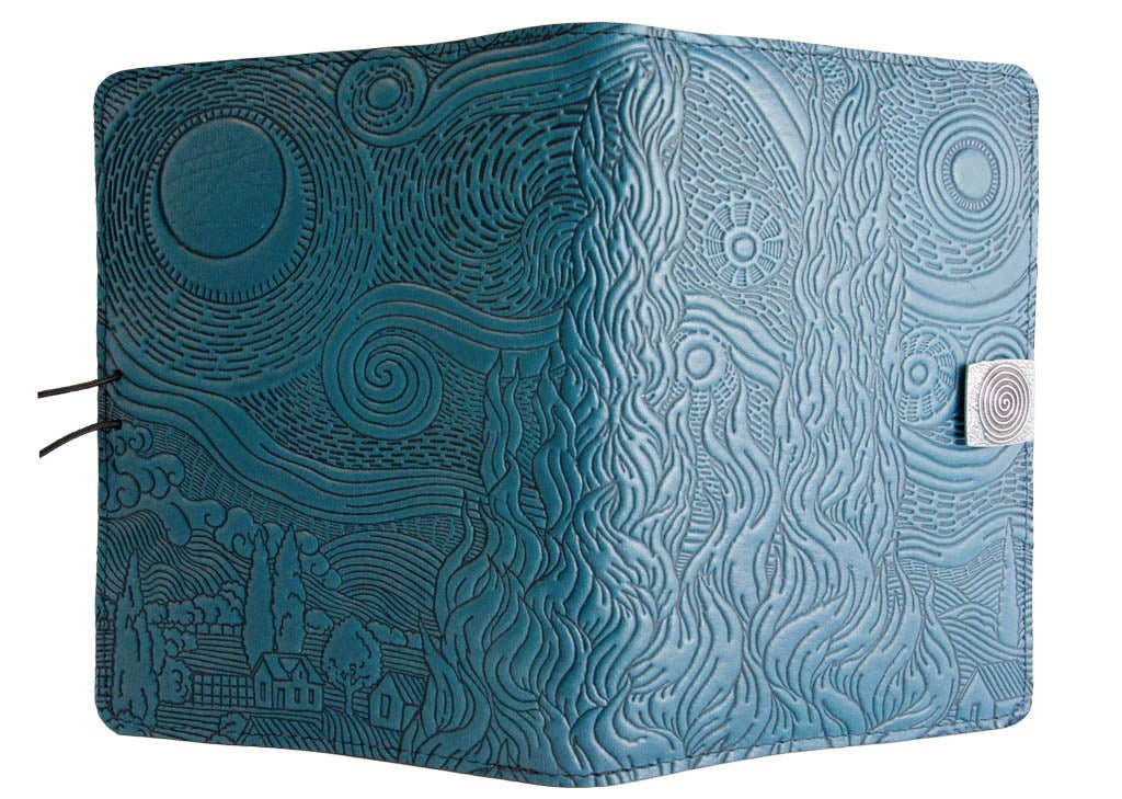 Genuine leather cover, case for Kindle e-Readers, Van Gogh Sky. Blue - Open
