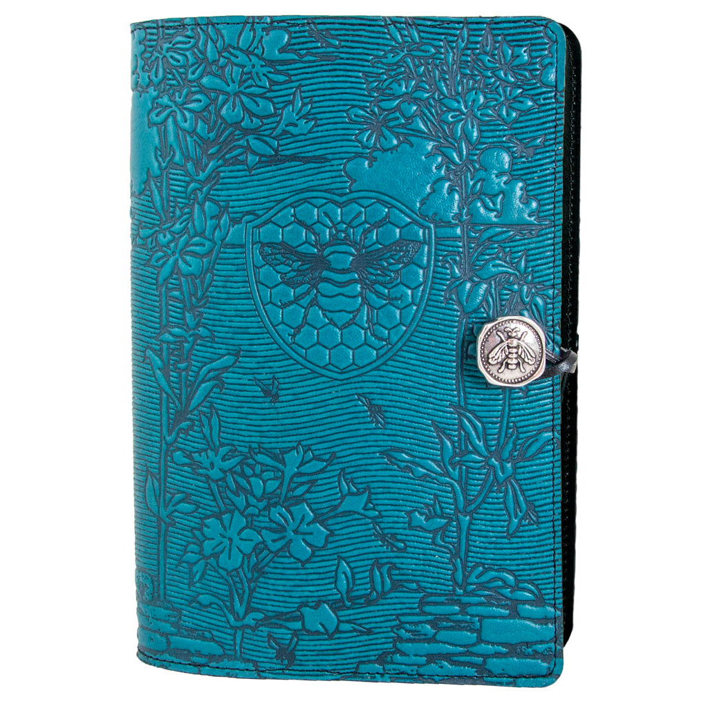 Oberon Design Large Refillable Leather Notebook Cover, Bee Garden, Blue