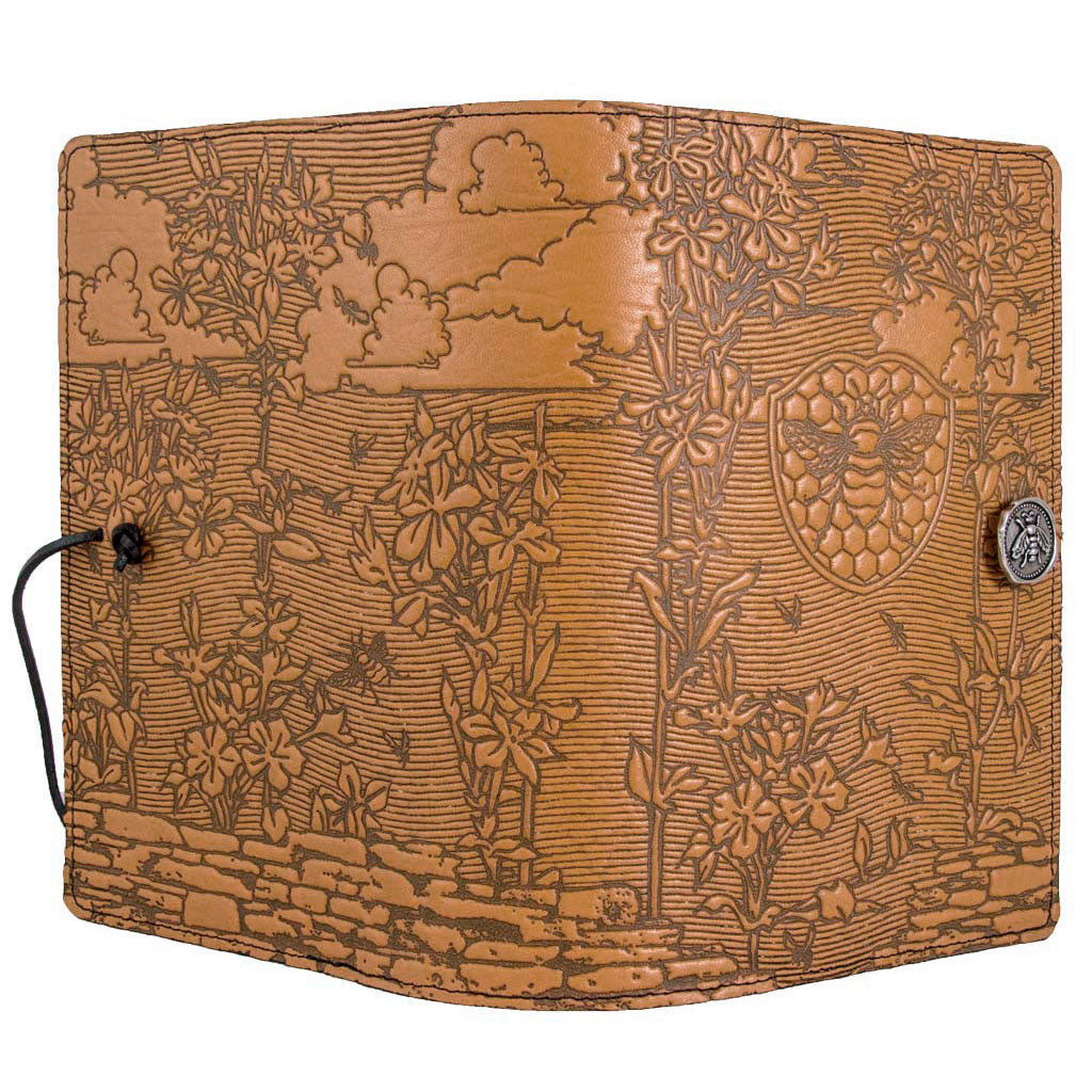 Oberon Design Large Refillable Leather Notebook Cover, Bee Garden, Marigold - Open