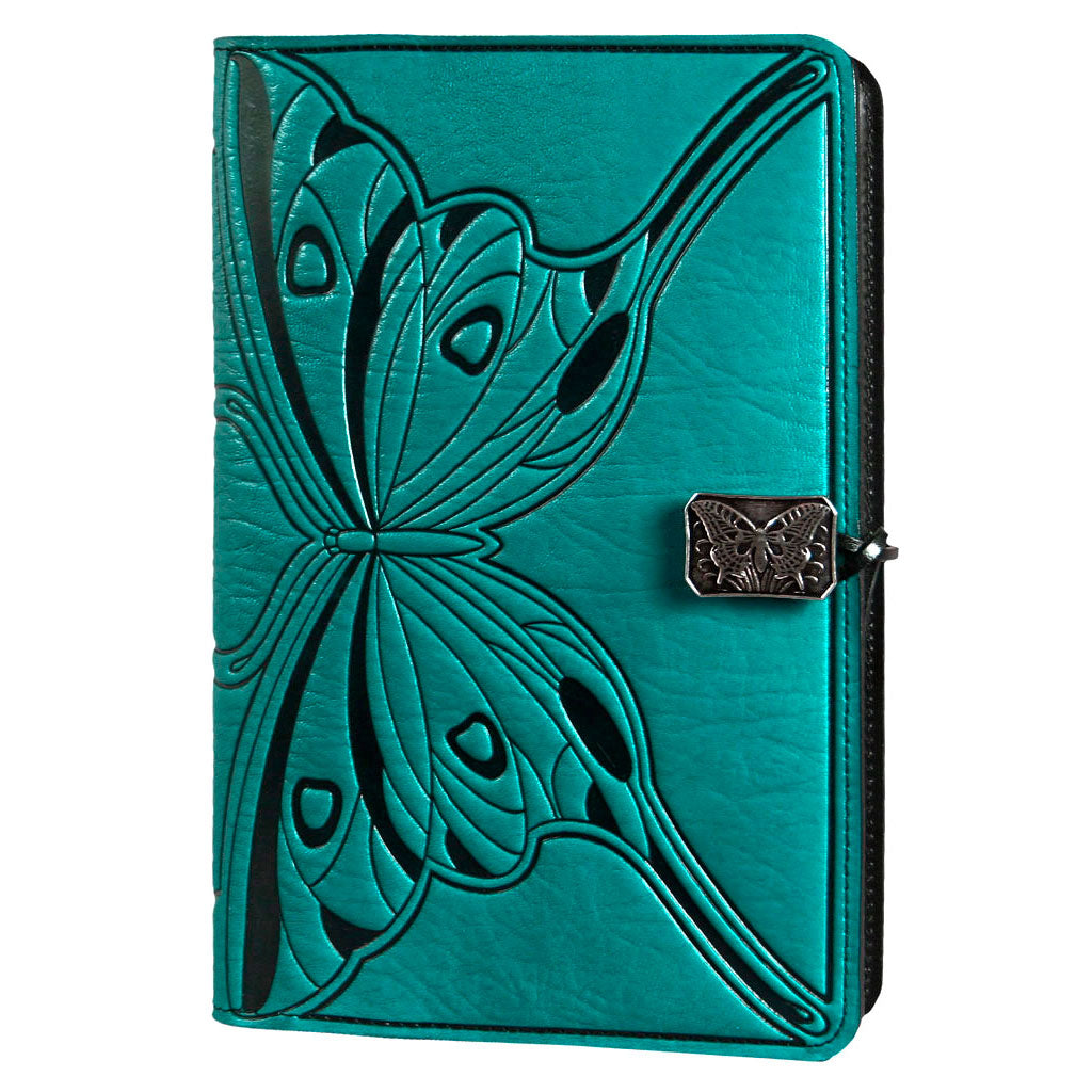 Oberon Design Large Refillable Leather Notebook Cover, Butterfly, Teal