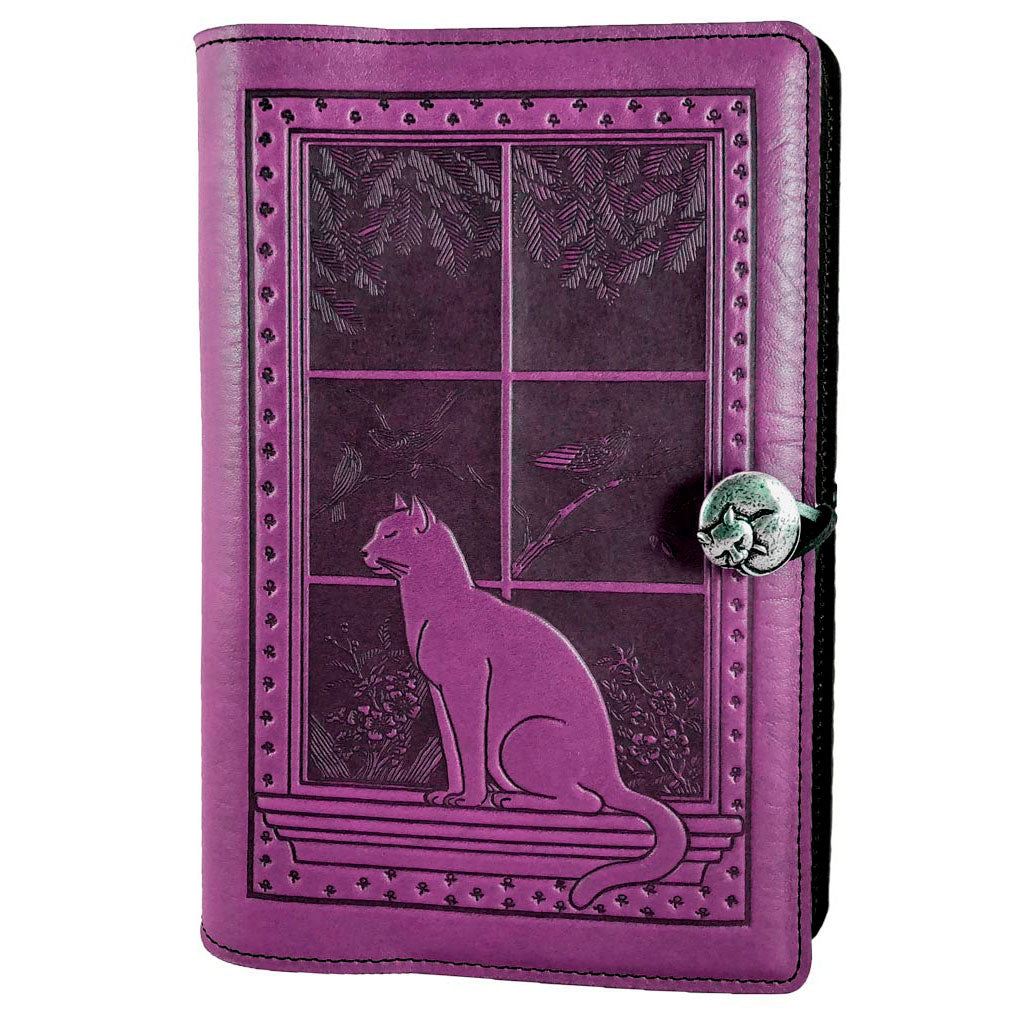 Oberon Design Refillable Large Leather Notebook Cover, Cat in Window, Orchid