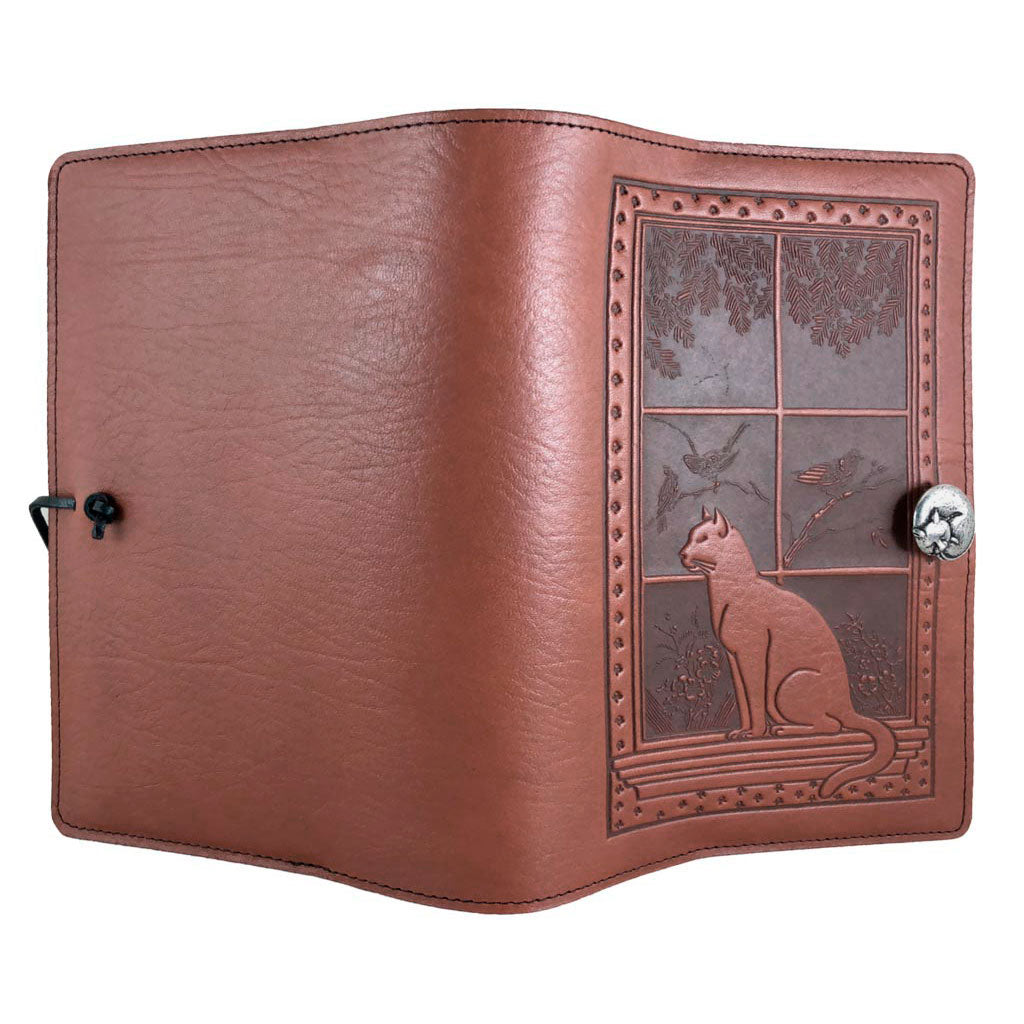 Oberon Design Refillable Large Leather Notebook Cover, Cat in Window, Saddle, Open