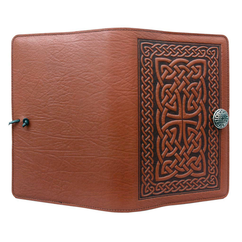 Oberon Design Large Refillable Leather Notebook Cover, Celtic Braid, Saddle - Open
