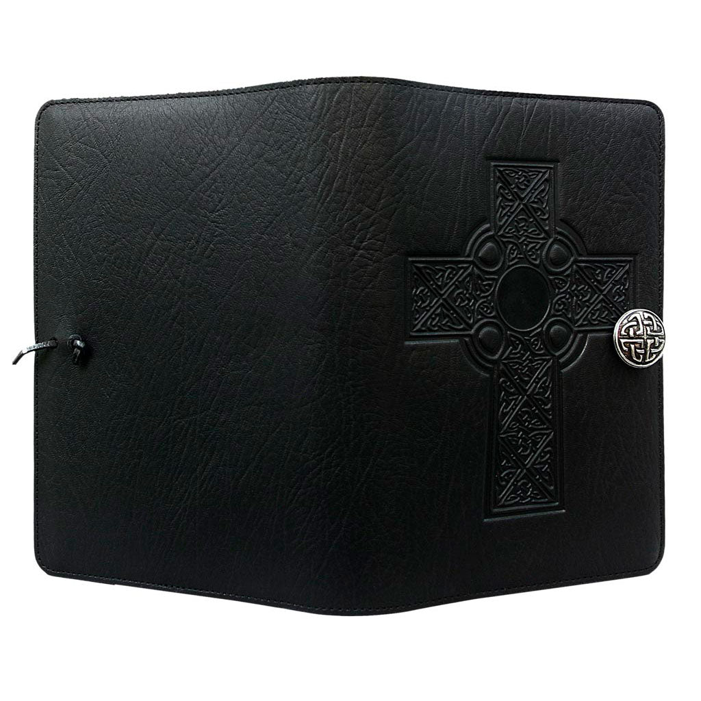 Oberon Design Large Refillable Leather Notebook Cover, Celtic Cross, Black - Open