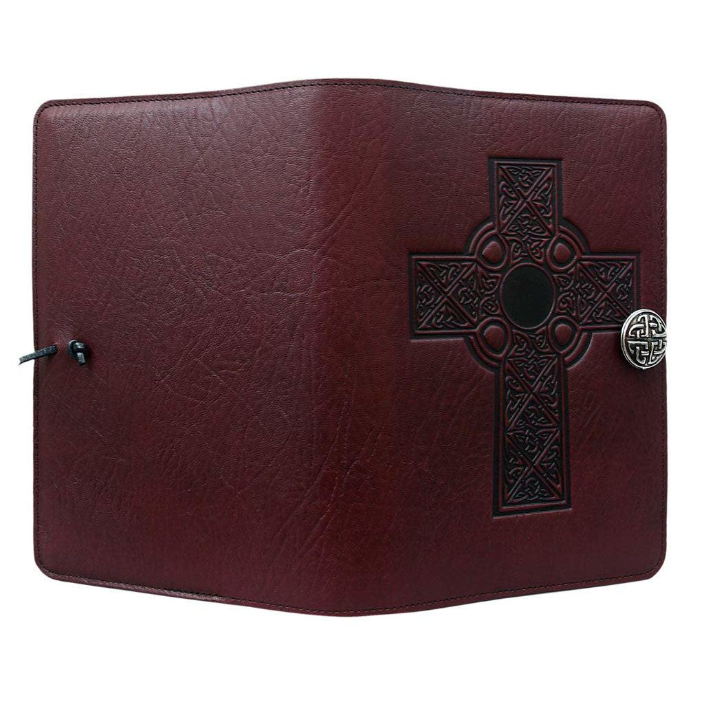Oberon Design Large Refillable Leather Notebook Cover, Celtic Cross, Wine - Open