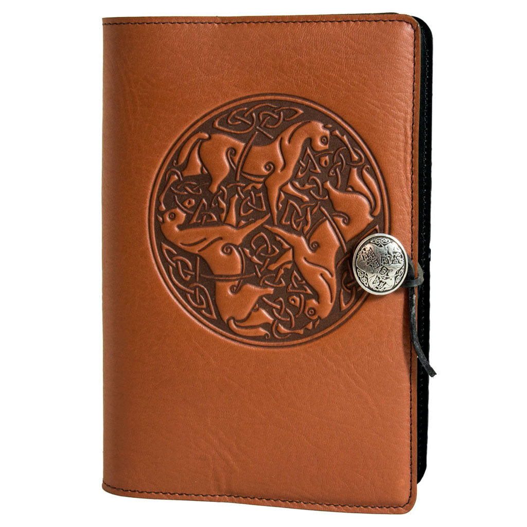 Oberon Design Large Leather Notebook Cover, Celtic Horses, Saddle