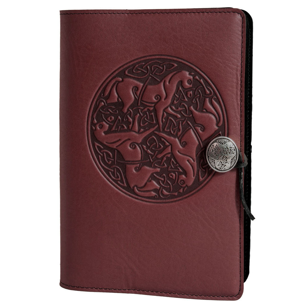 Oberon Design Large Leather Notebook Cover, Celtic Horses, WIne