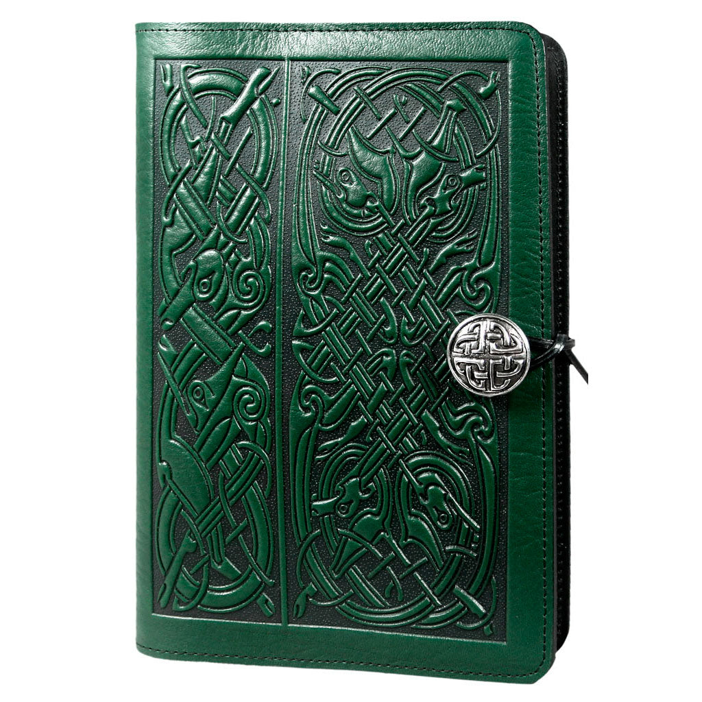 Oberon Design Large Refillable Leather Notebook Cover, Celtic Hounds, WIne