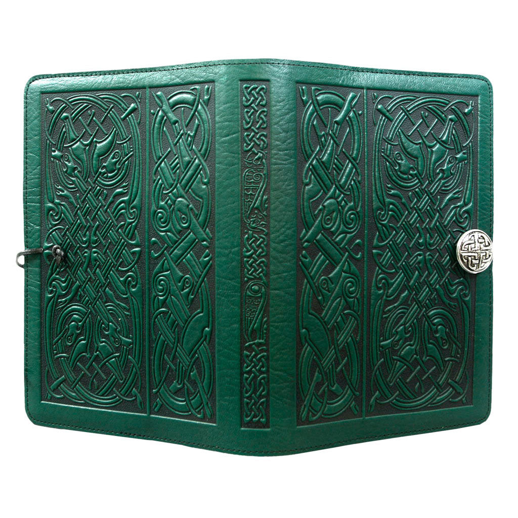 Oberon Design Large Refillable Leather Notebook Cover, Celtic Hounds, Green - Open