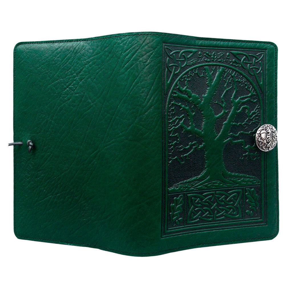 Oberon Design Large Refillable Leather Notebook Cover, Celtic Oak, Green - Open