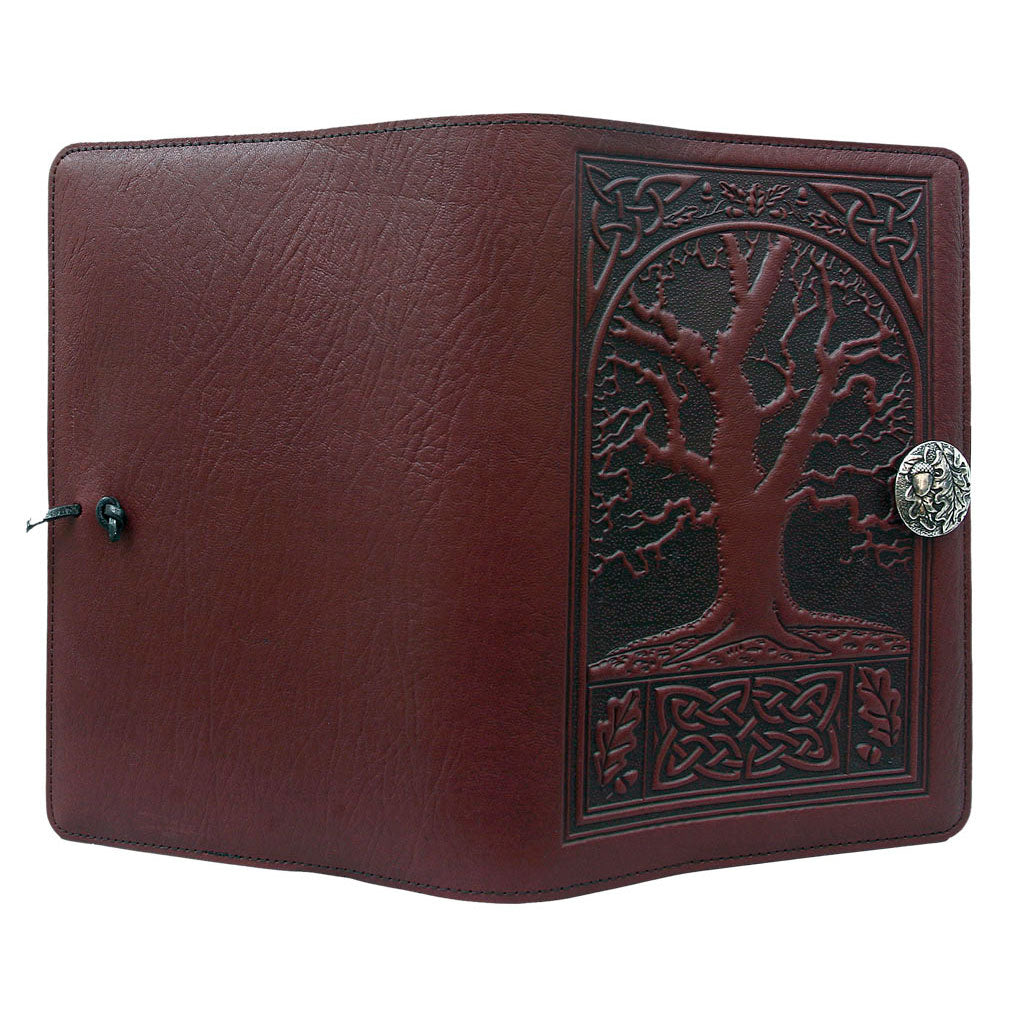 Oberon Design Large Refillable Leather Notebook Cover, Celtic Oak, WIne - Open
