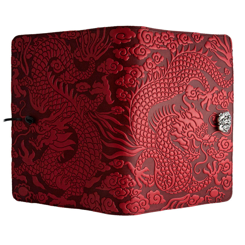 Oberon Design Large Refillable Leather Notebook Cover, Cloud Dragon, Red - Open