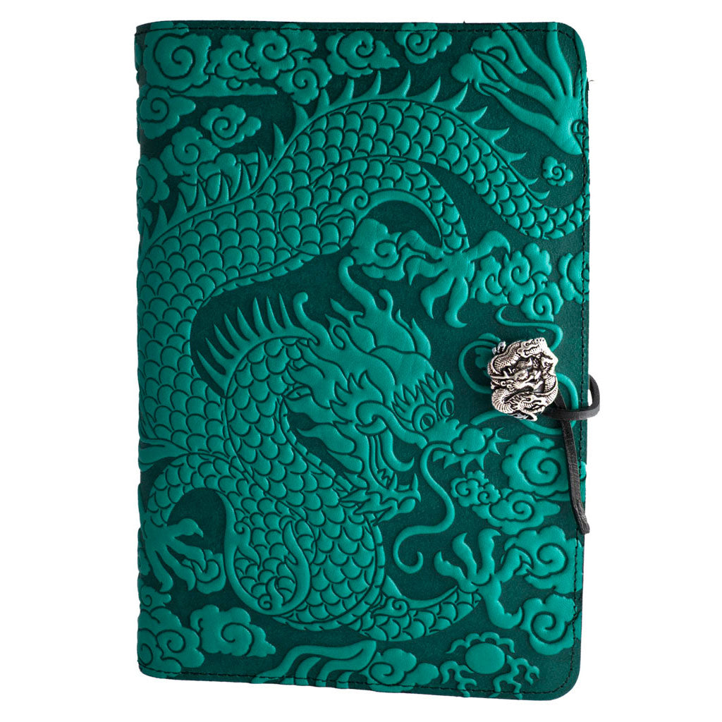 Oberon Design Large Refillable Leather Notebook Cover, Cloud Dragon, Teal