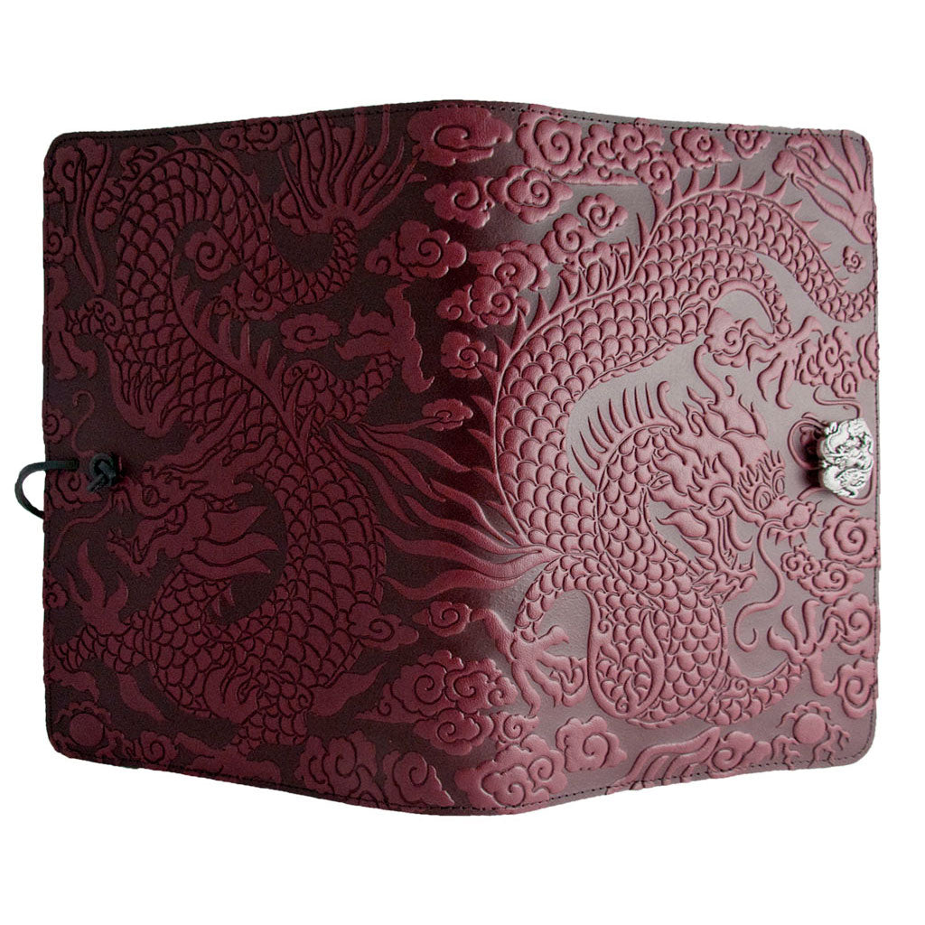 Oberon Design Large Refillable Leather Notebook Cover, Cloud Dragon, Wine - Open