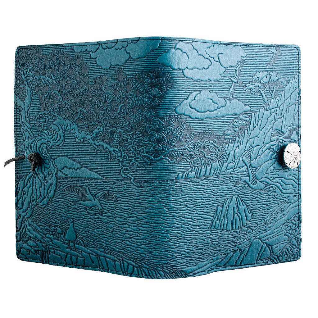 Oberon Design Large Refillable Leather Notebook Cover, Cypress Cove, Blue - Open