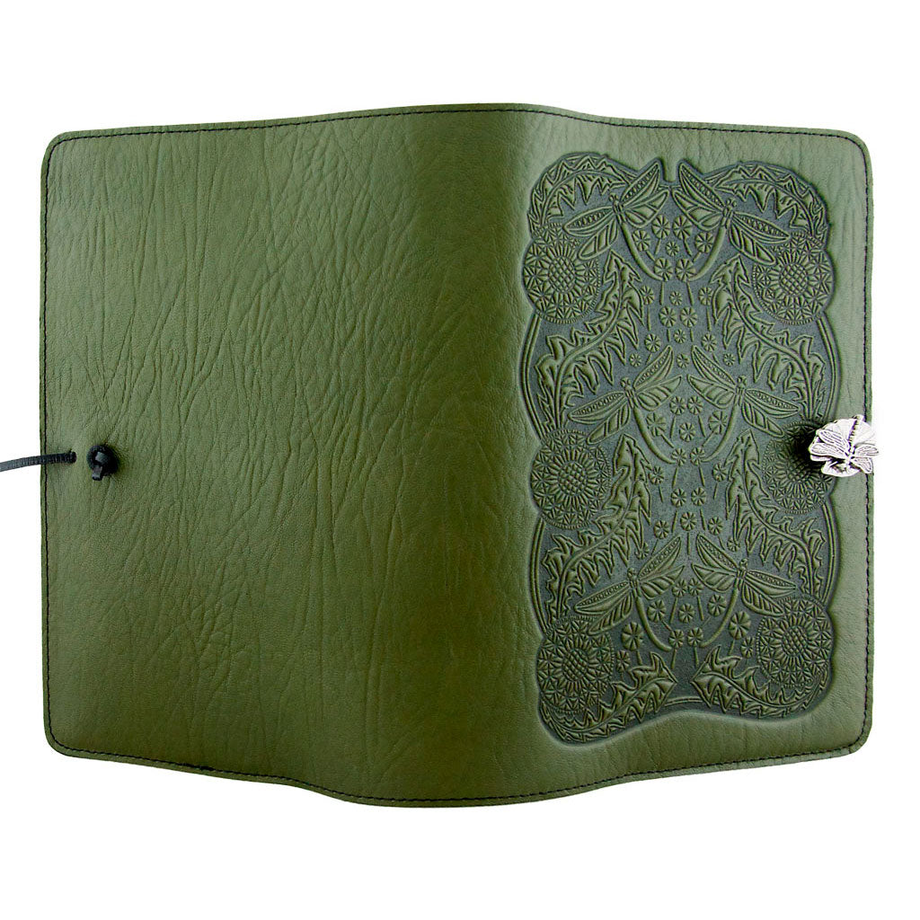 Oberon Design Large Leather Notebook Cover, Dandelion Dragonfly, Fern - Open