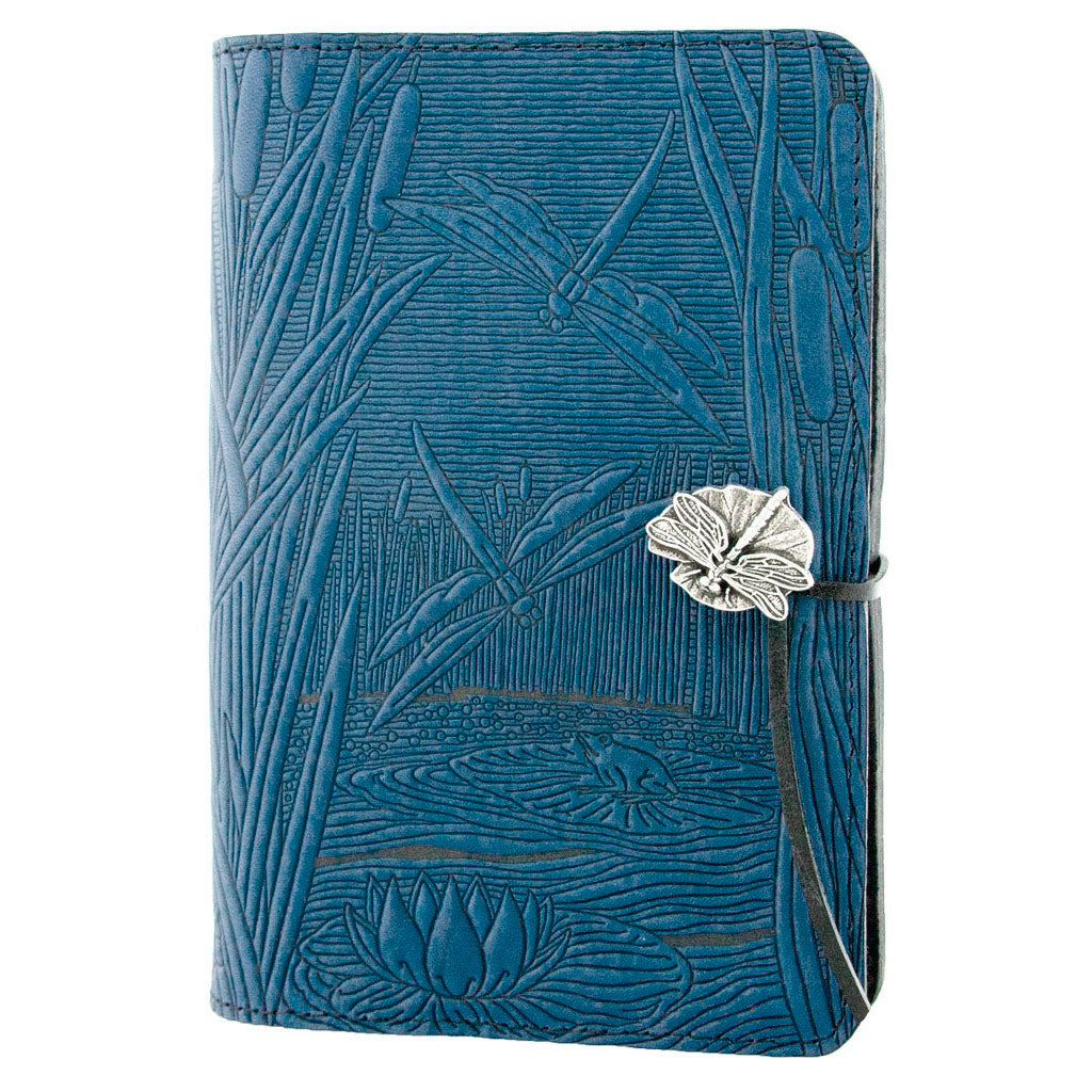 Oberon Design Large Refillable Leather Notebook Cover, Dragonfly Pond, Blue