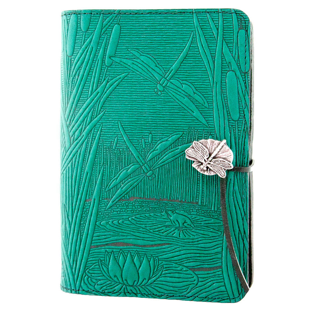Oberon Design Large Refillable Leather Notebook Cover, Dragonfly Pond, Teal