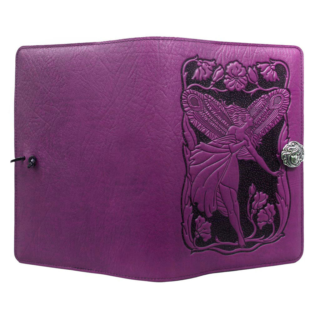Oberon Design Large Refillable Leather Notebook Cover, FLower Fairy, Orchid - Open