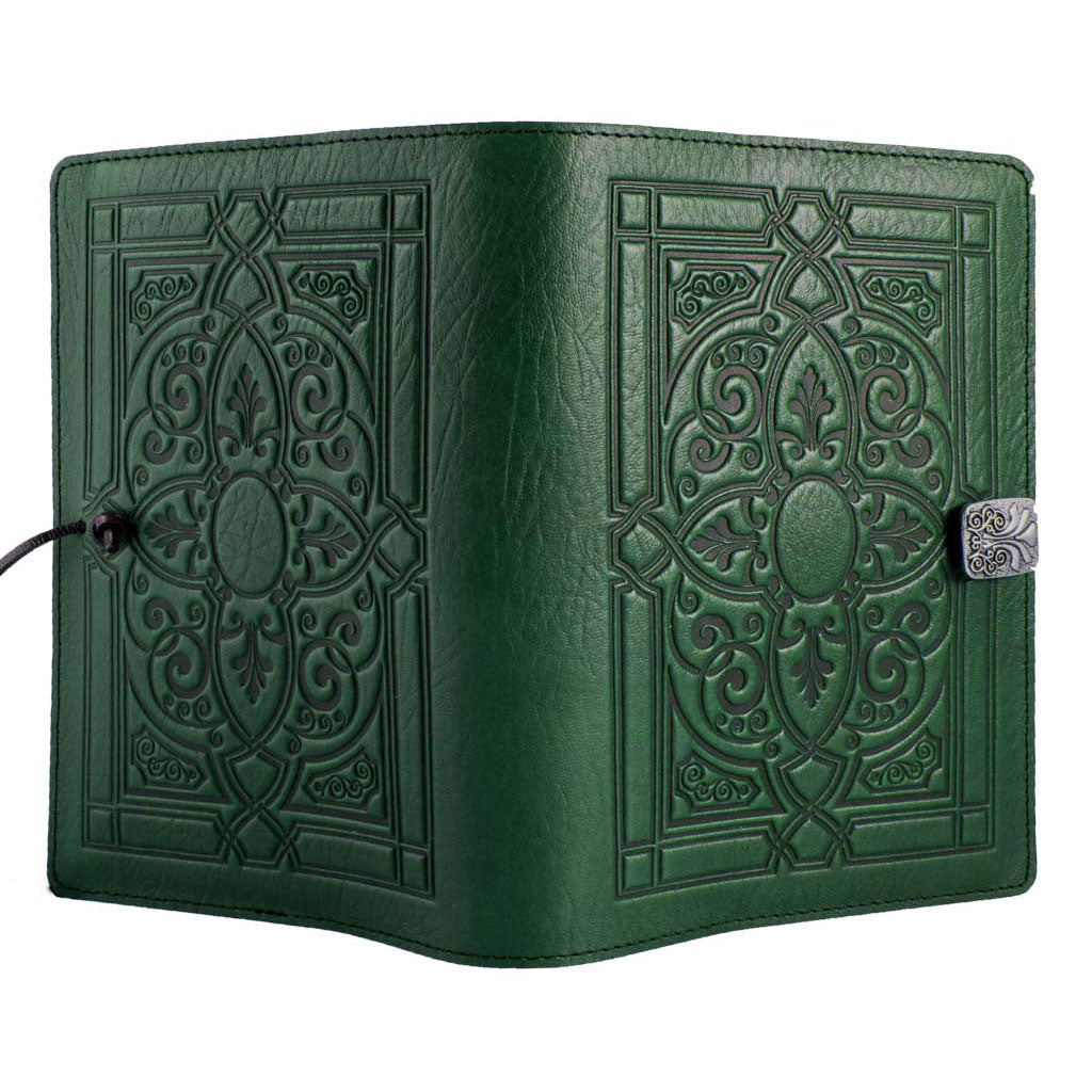 Oberon Design Refillable Large Leather Notebook Cover, Florentine, Green - Open