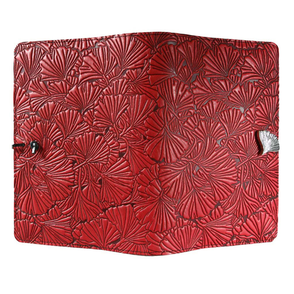 Oberon Design Large Refillable Leather Notebook Cover, Ginkgo, Red - Open