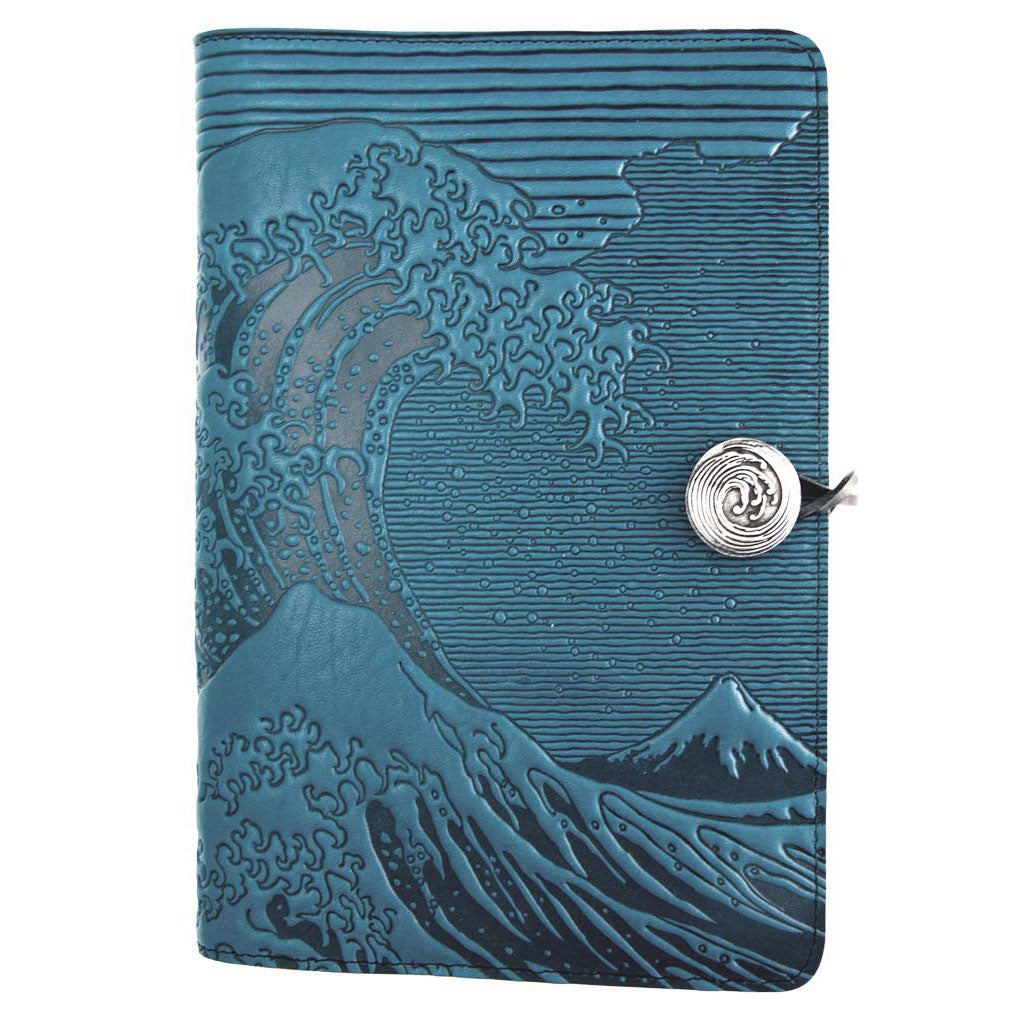 Oberon Design Large Refillable Leather Notebook Cover, Hokusai Wave, Blue