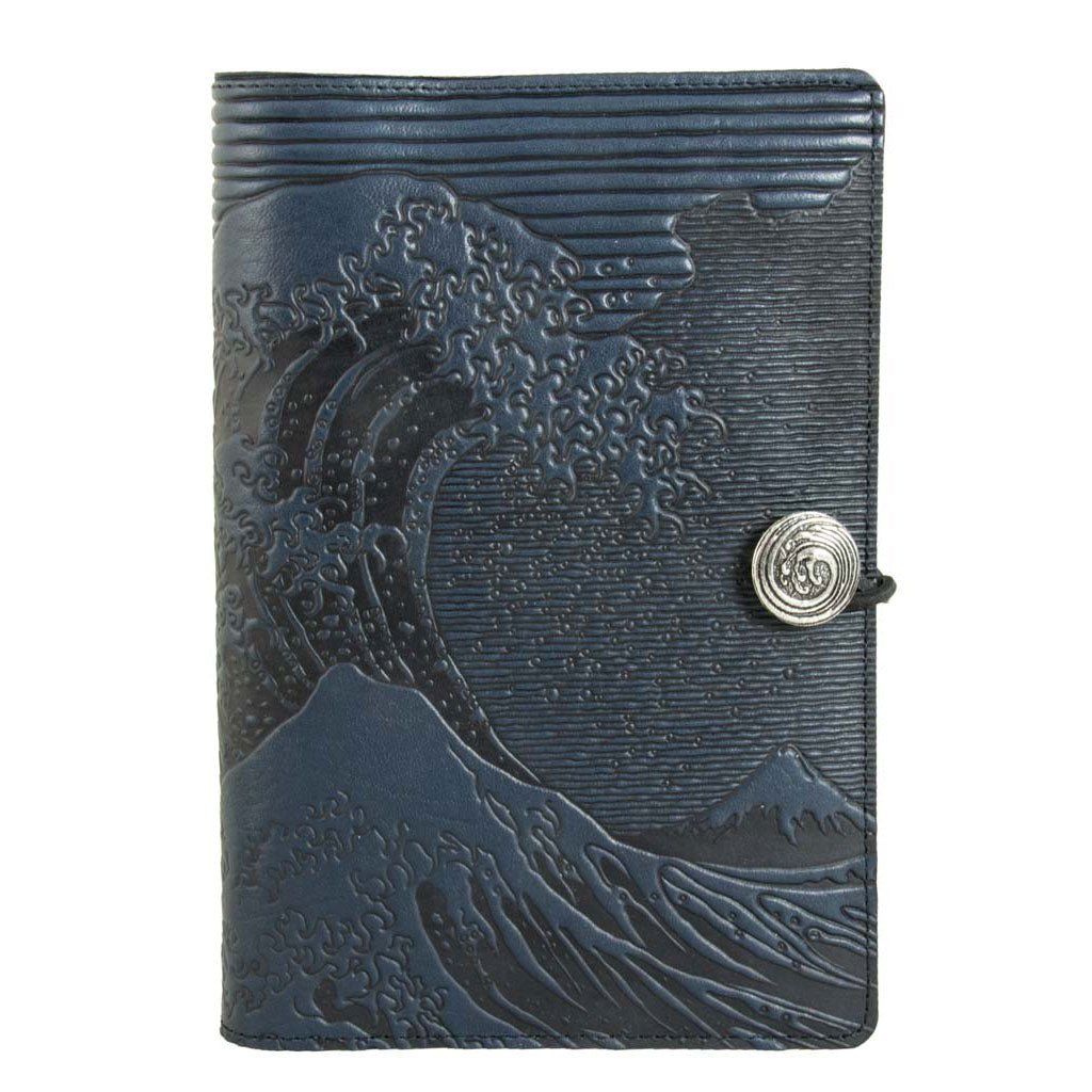 Oberon Design Large Refillable Leather Notebook Cover, Hokusai Wave, Navy