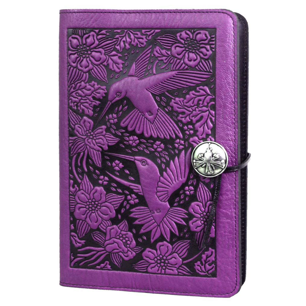 Oberon Design Large Refillable Leather Notebook Cover, Hummingbirds, Orchid