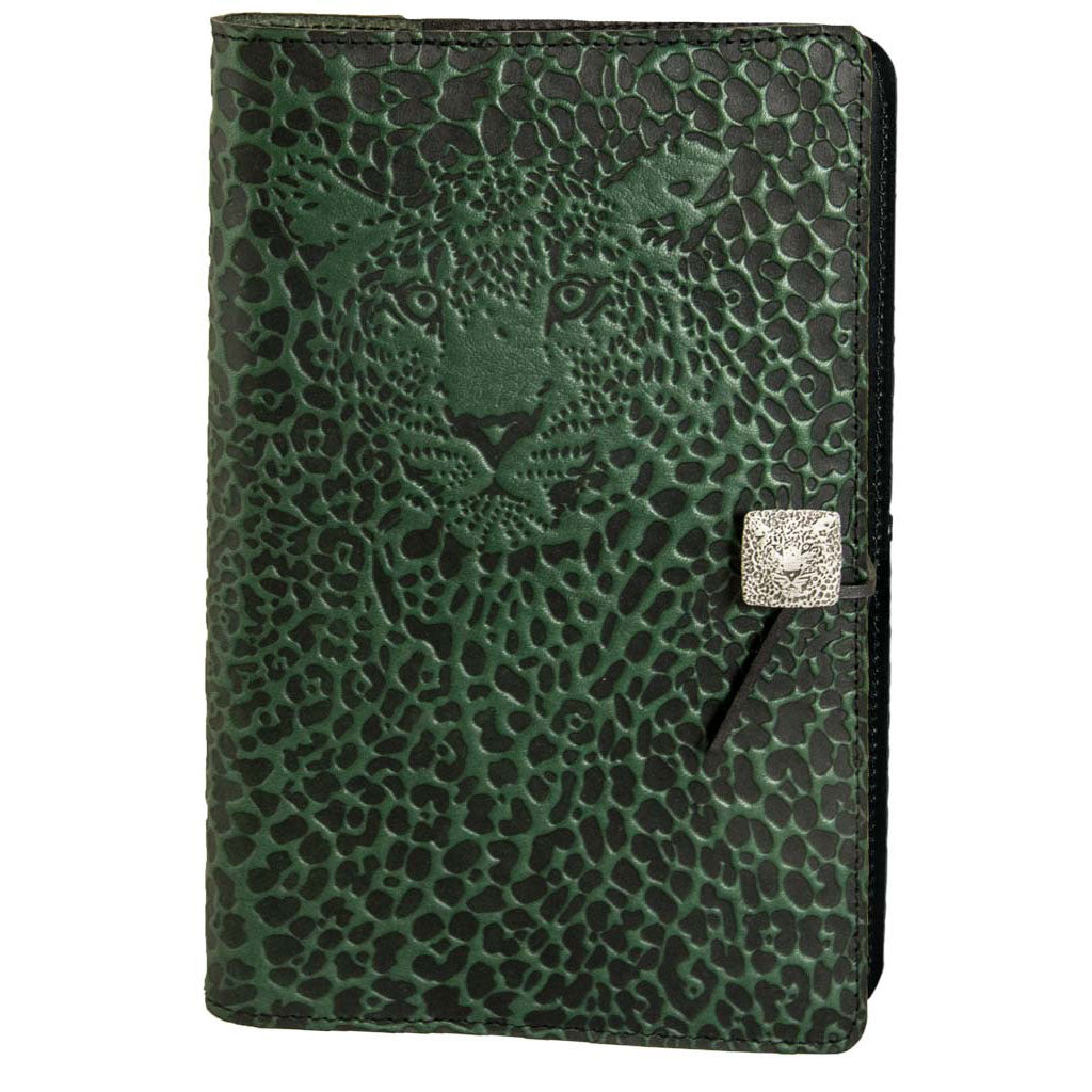 Oberon Design Large Refillable Leather Notebook Cover, Leopard, Green