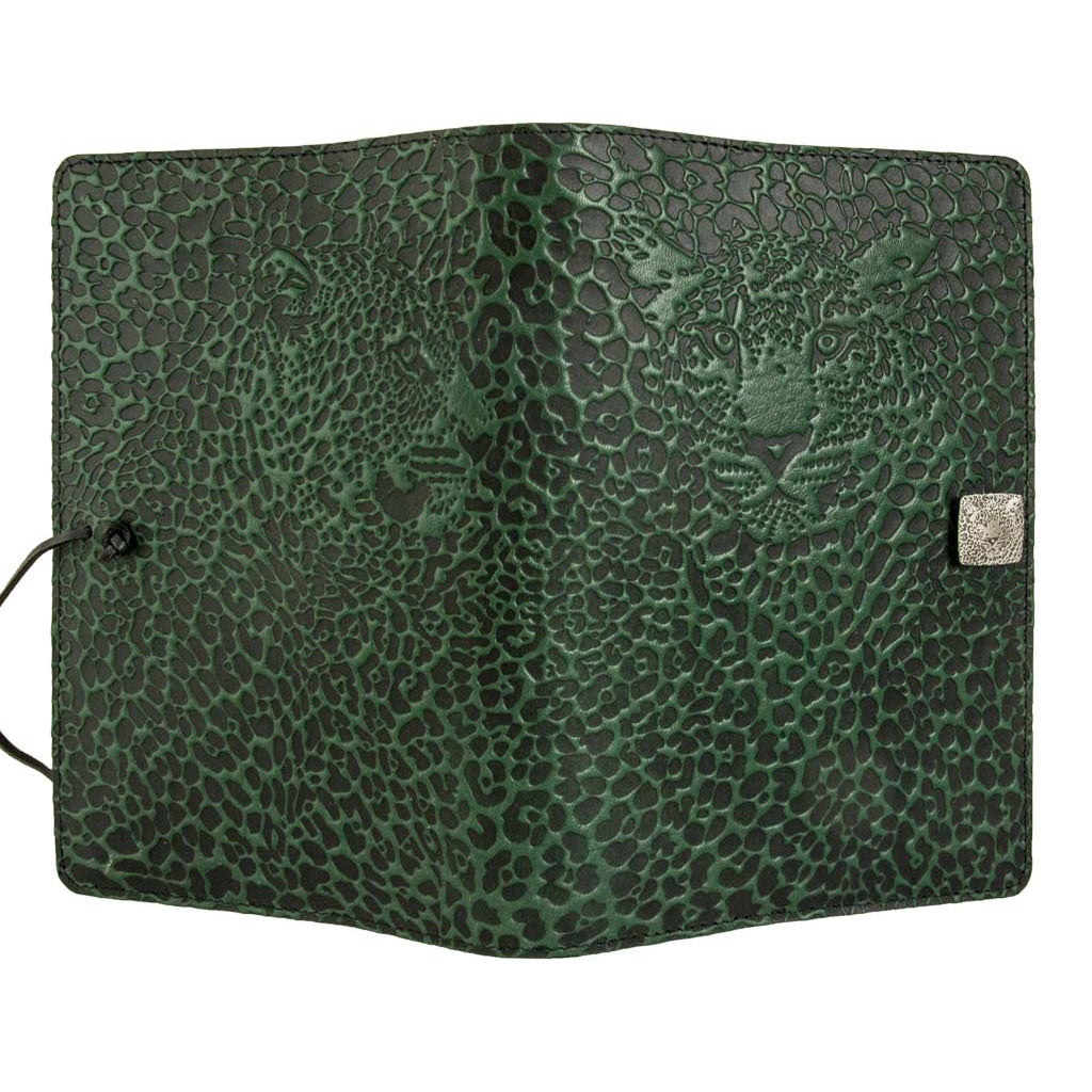 Oberon Design Large Refillable Leather Notebook Cover, Leopard, Green, Open